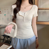 Fake Two Lace Lace Short-Sleeved T-Shirt Spring And Summer New Pure Wind Hottie Slim Thin Shoulder Bottom Top