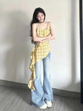 Designing A Sense Of Yellow Lattice Loaf Side Sling Female Summer Hottie Wear Long Irregular Ribbon Sleeveless Top