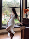 French Lace V-Necked Dress Women's Summer Vacation Irregular Dress White Beauty Mid-Rise Dress