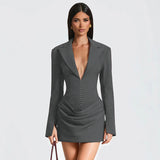 Women's Clothing 2025 Autumn And Winter New Solid Color Slim Slim V To Receive Waist Thin Temperament Suit Dress