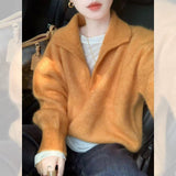 European Goods Old Money Wind Green V Collared Horse Hair Sweater Women Autumn And Winter Lazy High Sense Thick Collar Knitting Top