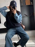 Grey Sweater Female Spring And Autumn Cowboy Sleeve Spliced Top Lady 2025 New Burst Cover Fake Two Knitwear