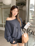 Grey One-Word Collar Twill Long-Sleeved Knitting Knitting Women's Clothing 2026 Korean Early Autumn Wearing A Huge Look And Loose Top