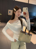 Korean Solid Color Collar One-Word Collar Shoulder Long-Sleeved T-Shirt Women's 2026 New Early Autumn Super Good-Looking Lace Top