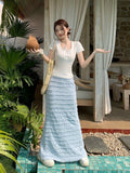 White Shoulder Short-Sleeved T-Shirt Gentle Style Suit Women's Summer Wooden Ear-Side Bag Hip Skirt Skirt Two-Piece Cover