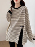 Pure Cotton Striped T-Shirt Women's Bottoming Shirt Korean Version Of The Large-Size Loose Open-Fork Niche Long-Sleeved Top Spring And Autumn Tide