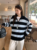 Korean Collar Stripe Splicing Color Knitted Shirt Women 2026 Early Autumn Loose Lazy Wind Jacket Sweater Jacket