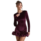 Autumn And Winter New Folded Hem Body Half-Dress Temperament Collar Long-Sleeved Velvet Three-Dimensional Dress