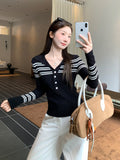 Spice Girls Striped Splicing POLO Collar Button Long-Sleeved Knitted Shirt Girl 2026 Autumn Repair In The Bottom Shirt Top