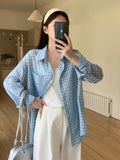 Designing A Blue Check-In Long-Sleeved Shirt For Women 2026 Summer New Commuter Loose Relaxation Small Top