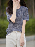 2025 Summer New Round Collar Knitted Short-Sleeved T-Shirt Women's Knitted Knitted Jersey Loose Lazy Blouse Lyselle Thin