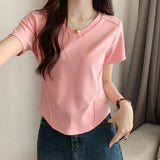 White Short-Sleeved T-Shirt Women's Summer Front Shoulder Thin Design Embody Irregular Short V-Neck Collar Collar Collar Collar Collar Collar Collar Collar Collar Collar Collar