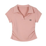 Pure Cotton Youth College Style POLO Shirt Shoulder Short Sleeve T-Shirt Female Collar Bow Embroidery Wrinkles Waist Top