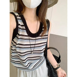 Red Striped U-Neck Vest Sling Women's Summer Wear Design Loose Short Knitted Shirt Thin