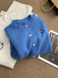 Gentle Retro Kitten Embroidered Round Collar Knitted Cardigan Girl Warm White Klein Blue Sweater Jacket Autumn