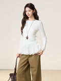 White Lace Hem Design A Thicker Long-Sleeved T-Shirt Women's Autumn And Winter Repair Inside The Bottom Shirt Top