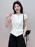Irregular Round-Neck Short-Sleeved Ice Silk Knitted Women 2025 Summer New Fashion Ocean Design Feel Waist Top