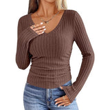 2026 New Female Pure Color V-Neck Fashion Long-Sleeved Pitted Haired Women's T-Shirt