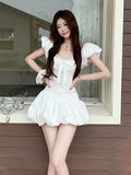 Lace Stitching French Short-Sleeved Dress Women's Summer Bow Ponopne Ponmp Dress Sweet Waist Skirt A Short Skirt