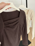 Grinding Long-Sleeved T-Shirt Women's Autumn And Winter With A Repair Body Collar Collar De-Velvet Bottom Shirt Short Top 2025 New