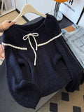 Super Good-Looking Unique Doll Collar Shoulder Knitted Shirt Woman 2025 Early Autumn Large-Size Fat Mm Bottom Sweater Soft Glutinous Top