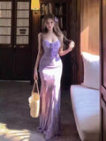 Lace Spliced Purple Sling Dress Women's Summer Mesh Repair Fishtail Dress Pure Want To Pack The Ass Skirt