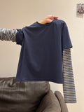 Design Fake Two Stripes Splicing Long-Sleeved T-Shirt Women 2026 Autumn Unique Bottoming Shirt Top