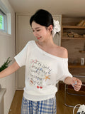 Korean Ins Wind Hand-Painted Graffiti Print Slanted Shoulder Short-Sleeved T-Shirt For Girls Summer Leisure Crooked Nice Little Blouse