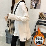 White Long-Sleeved T-Shirt Women Loose Inside The Folded Wearing Long Plus Velvet Top Dress Spring And Autumn Dress Bottom Shirt