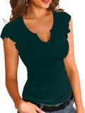2025 Summer New Solid Color V-Necked Leaf Sleeve Short-Sleeved Lady Top
