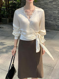 2026 Spring New Grip On The Ribbon Ribbon Top Elegant Luster Splicing Lace Long-Sleeved Shirt Women V Collar Waist Lining