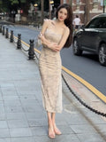 Pure Sexy Floral Sling Dress Women's Summer Open-Fork Mesh Long Skirt Temperament Slim Thin Bag Hip Skirt