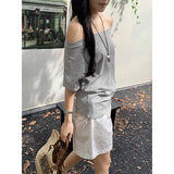 One-Word Shoulder Gray 220G Heavy Cotton Short-Sleeved T-Shirt Girl With Languid Summer Slouching Loose Slanted Shoulders