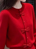 New Year Red Bow Design Chic Round Knitted Shirt Fashion Autumn And Winter Long-Sleeved Commuting Temperament Year Top