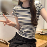 De-Hing Pile Collar Striped Bottoming Shirt Women's Long Sleeve 2025 Autumn And Winter 2025 New Set-Up Warm Top T-Shirt