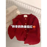 Round Collar Top Soft Glutinous Gold Buckle Knitted Cardigan Women's Autumn And Winter New Korean Gentle Raspberry Powder Sweater Coat