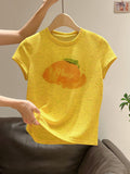 Korean Printing Slim Thin Round Neck T-Shirt 2026 Summer New Front Shoulder Design Short Top