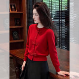New Year Red Bow Design Chic Round Knitted Shirt Fashion Autumn And Winter Long-Sleeved Commuting Temperament Year Top
