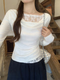 Korean Fake Two Lace One-Word Collar Design Long-Sleeved T-Shirt Girl Spring 2026 New Small Top