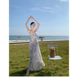 Holiday Wind Chopped Fresh Mesh Hanging Neck Slings Long Skirt Folded Back Dress 2025 New Dress