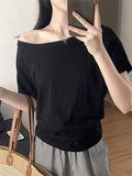 Korean Pure Cotton Oblique Shoulder Shoulder Two Short-Sleeved T-Shirt Women 2025 Summer Light And Cool Lazy Loose Top