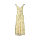 Yellow Print Sling Dress Women's Summer French Lotus Side Small Flying Sleeve Skirt To Close The Waist Temperament Fairy Dress