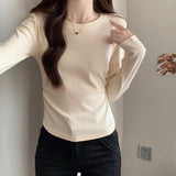 Flower Ash Slim Long-Sleeved Soft-Gripen Mask T-Shirt Women In Early Autumn New Solid Color Folding Thin Design Top