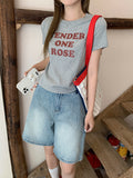 Red Lazy Wind Shoulder Short Sleeve T-Shirt 2026 Summer New Round-Neck Letter Print Loose Thin Top