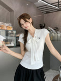Beautiful College Style Wearing V-Neck Tying Butterfly Embroidered Shoulder Short-Sleeved T-Shirt For Women's Summer New Body Repair Small Top