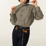 Shirt Tie Design French Retro Thousand Bird Lattice Loose Casual Fashion Plaid Shirt Woman