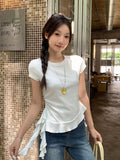 Milk Yellow Round Collar Front Shoulder Short-Sleeved T-Shirt 2026 Summer New Irregular Hem Lotus Leaf Edge Repair Coat