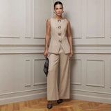 Women's Fashion Gold Buttoned Vest Trousers Two-Piece Casual Suit Women