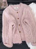 Korean Round-Neck Hollow Lace Knitted Cardigan Women Early Autumn 2025 New Fashion Cut-Down Sweater Jacket