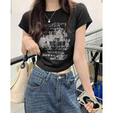 Hong Kong Flavor Chin Print Collar Shoulders T-Shirt Top Women Summer Design Small Folds To Receive Waist Babes Short Sleeves